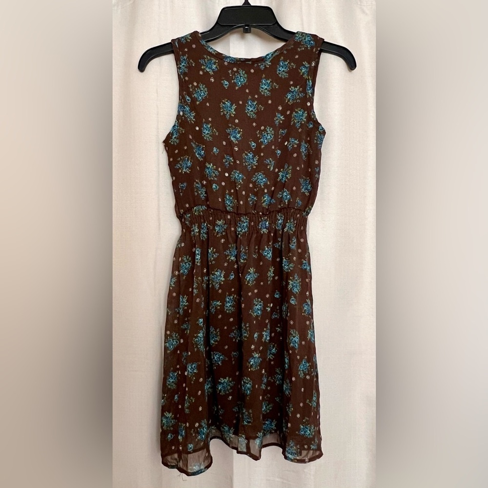 Mossimo Brown Blue Floral Ruffle Sleeveless Dress Size XS - Picture 9 of 9